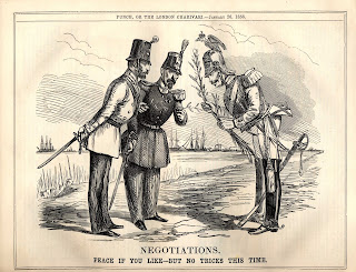 John Leech. Cartoon. Punch. January 26, 1856. Czar Alexander II offers olive branches to French and British commanders, who are skeptical, given Russia’s expansionist tendencies. Nonetheless, the Treaty of Paris was signed on March 30, 1856. The Treaty lacked any mention of the Holy Places, which originally served as the supposed rationale for the war.