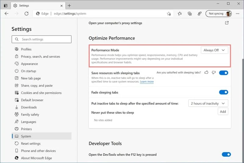How to enable the 'Performance Mode' feature of Microsoft Edge browser