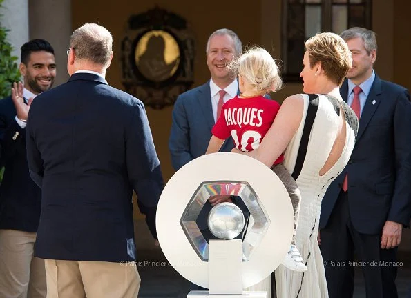 Prince Albert, Princess Charlene held reception at Monaco Principality Palace for AS Monaco FC players, Prince Jacques wore AS Monaco shirt