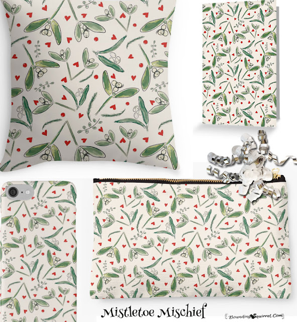 Cushion, card, phone case and pouch with the "mistletoe mischief" design: fun mistletoe berries with faces and hearts,,,