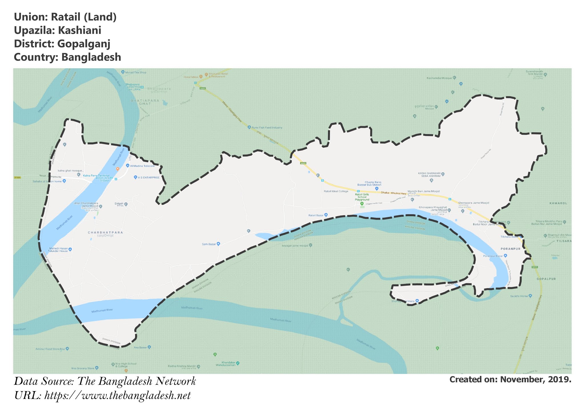 Map of Ratail of Gopalganj, Bangladesh.