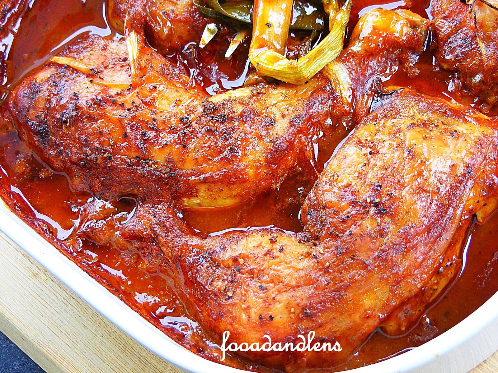 Food and lens Guajillo chili chicken.