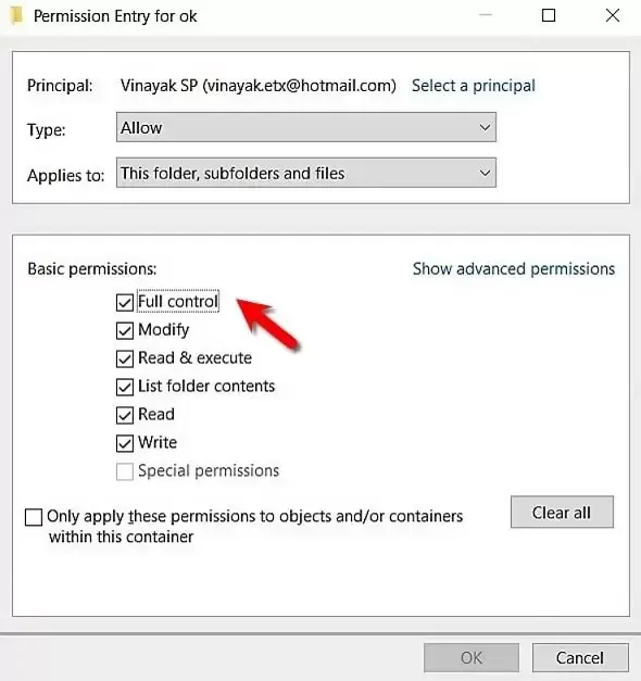 Select Full Control Permissions Select Full Control Permissions