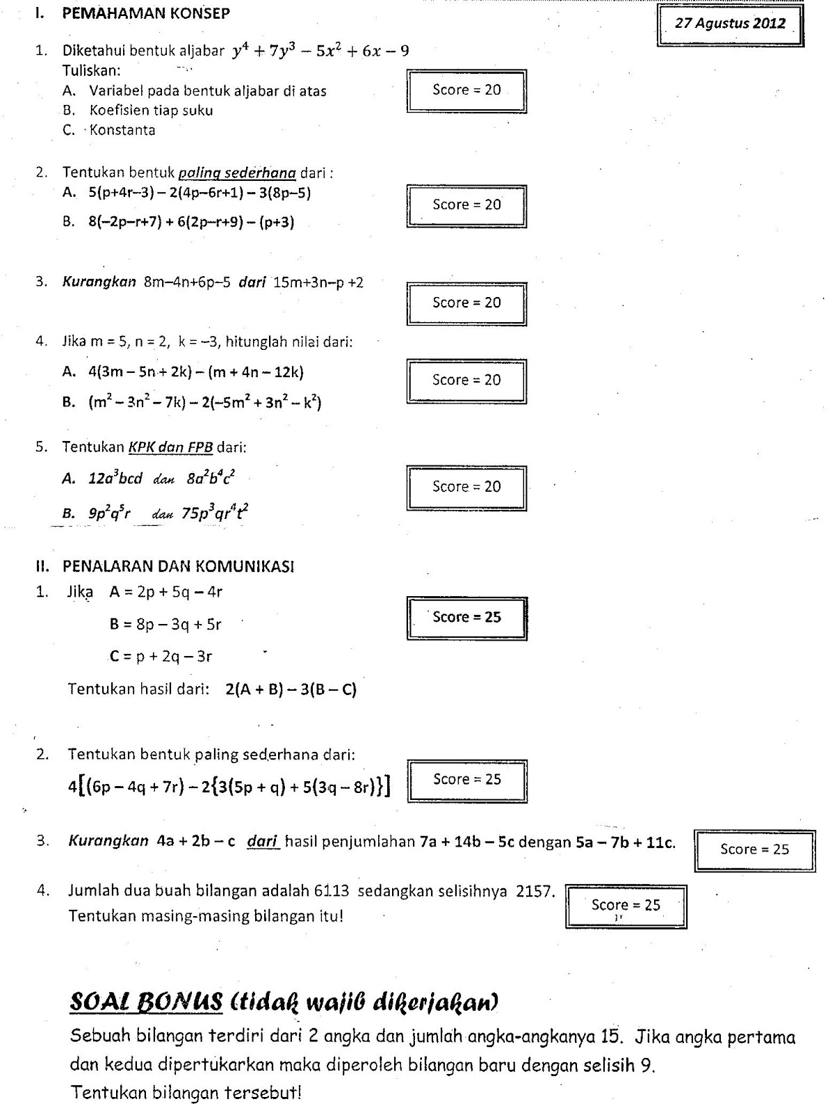 Soal Aljabar Kelas 7 Pdf