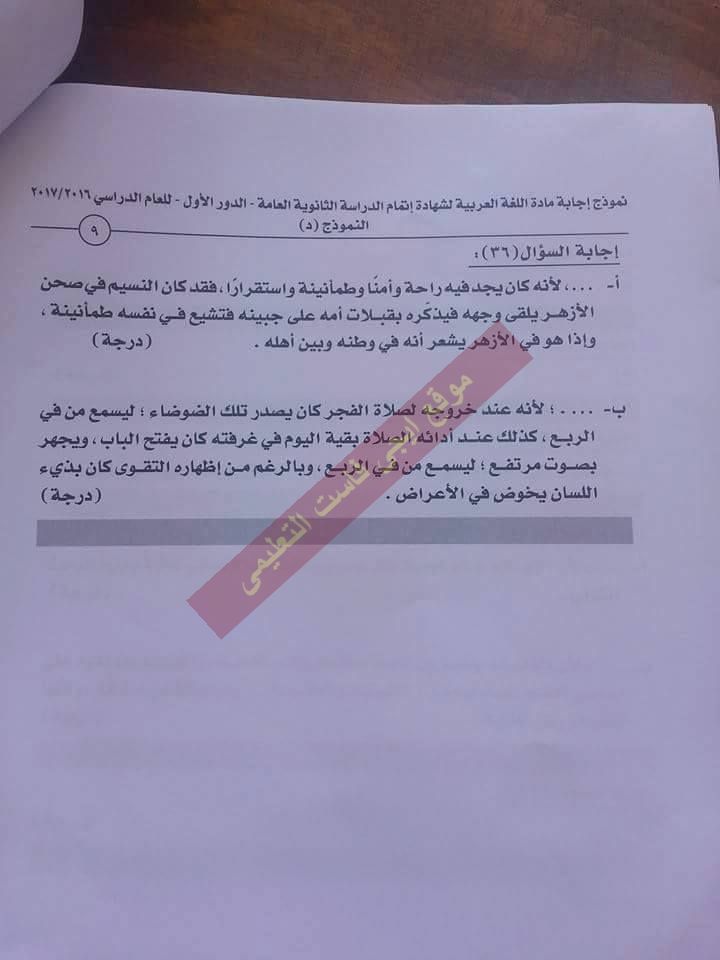  النموذج الرسمى لاجابة امتحان اللغة العربية 2017 للثانوية العامة بتوزيع الدرجات 9