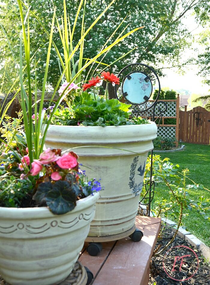 How to transform large terracotta flower pots with lovely weathered French Country style with a wash of Versailles chalk paint and French graphics.