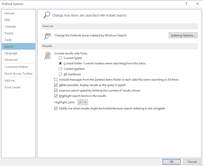 Microsoft Outlook Search Options