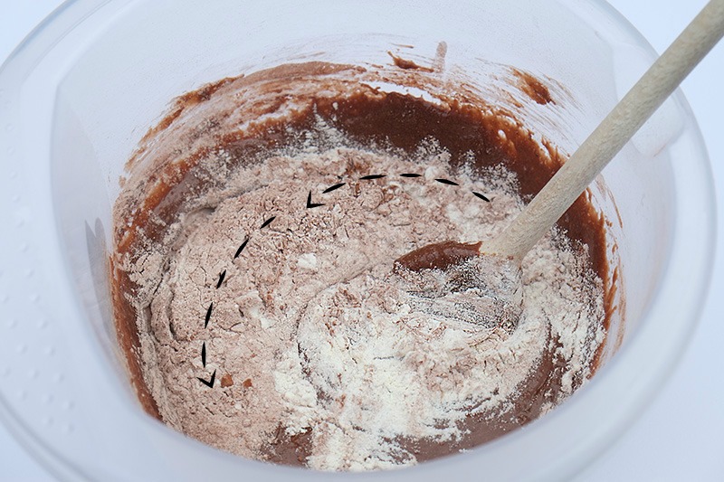 Voeg beetje bij beetje het bloem mengsel bij het ander mengsel Voeg beetje bij beetje het bloem mengsel bij het ander mengsel