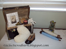 Eclectic Red Barn: Vintage doll box, heart pillow, vintage shoe