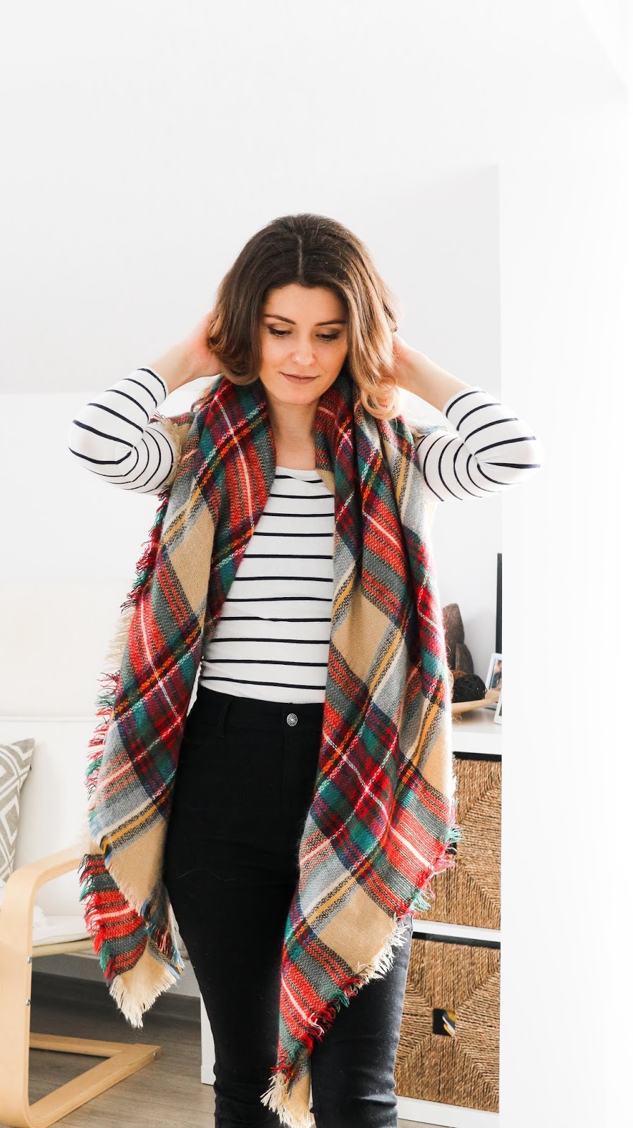 plaid blanket scarf with stripes outfit