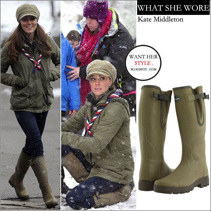 WHAT SHE WORE: Kate Middleton in green parka and green rubber rain boots in...