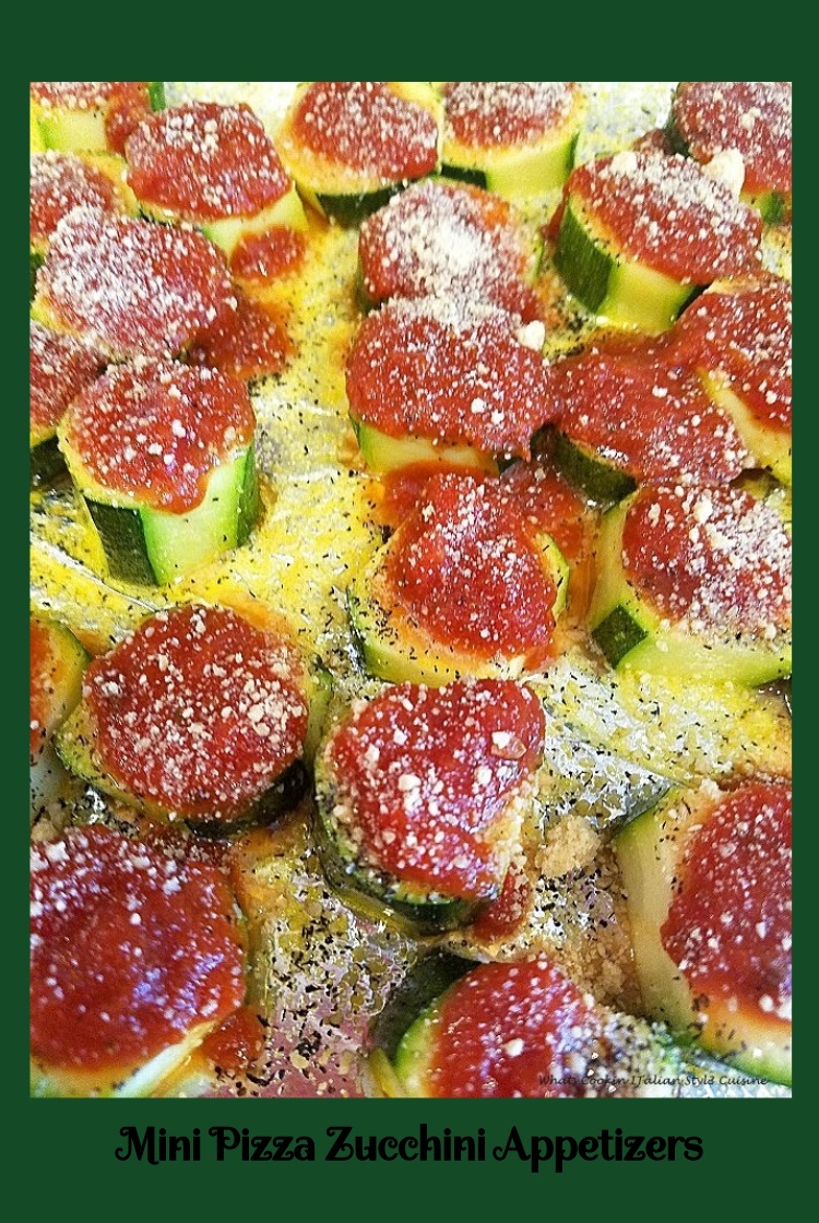 Zucchini chunks topped with melted cheese, tomato sauce, baked until crisp like pizza on top