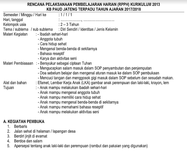 Rpph Tk Paud Kurikulum 2013 Kelompok Usia 2 3 Tahun Tema Diri