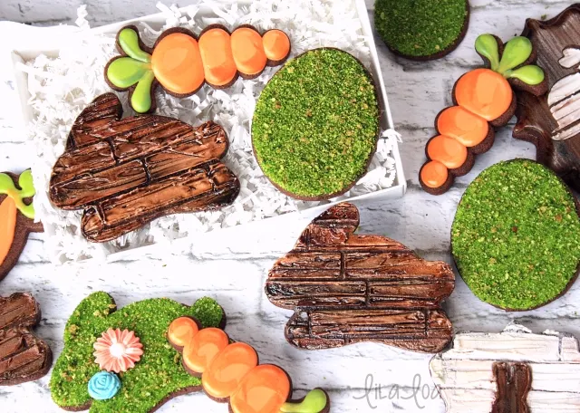 Decorated Moss and Wood Bunny cookies for Easter