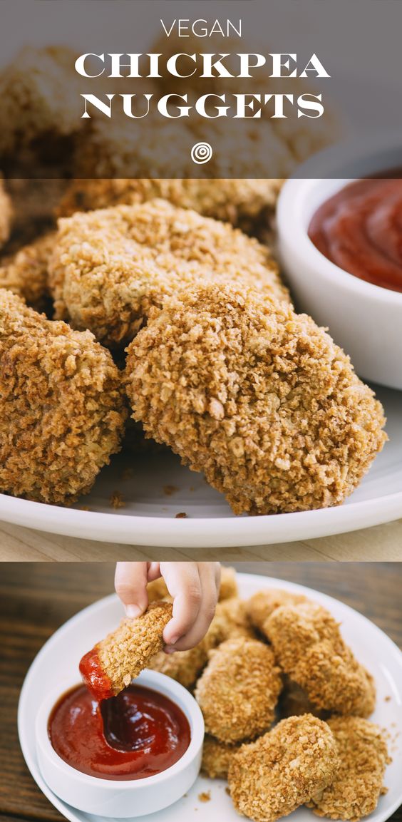 Add this healthy, vegan, protein packed chickpea nuggets recipe to your list of ideas to try for an upcoming meatless monday dinner. Like homemade chicken nuggets, just healthier. Using canned chickpeas makes this recipe SO FAST and SO EASY. You'll need panko, rolled oats, garbanzo beans, salt, garlic powder, and onion powder