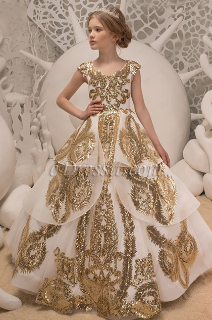 empire cap sleeves gold embroidery ball dress for girl