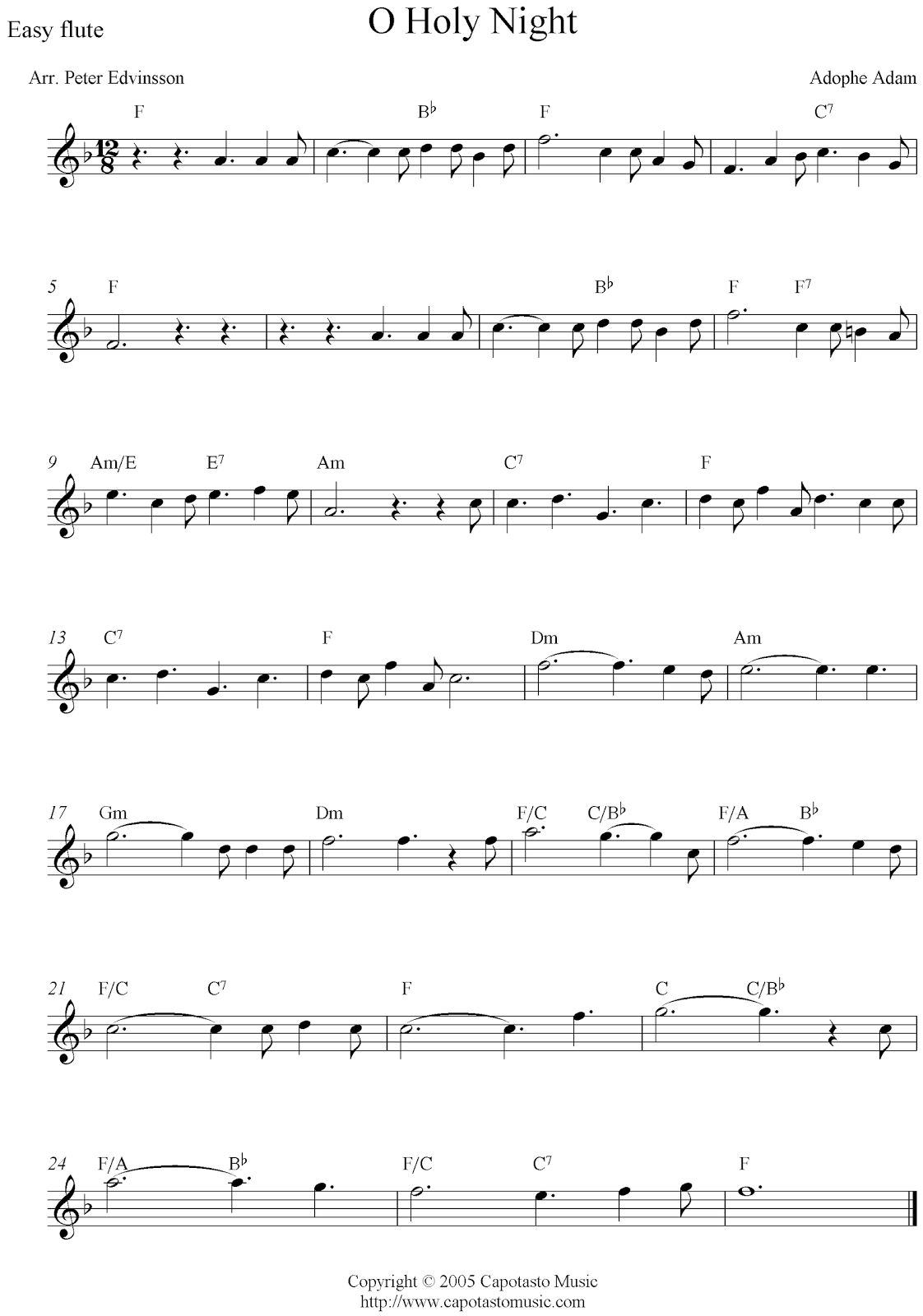 O Holy Night, free Christmas flute sheet music notes