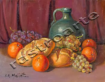 Bodegón con vasija vidriada, uvas, naranjas y panes