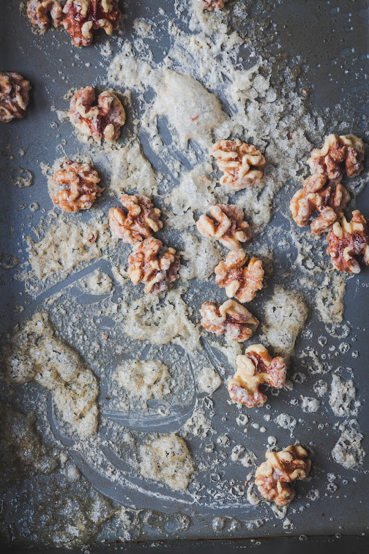 Milk and Honey Walnut Espresso Cake with Candied Walnuts