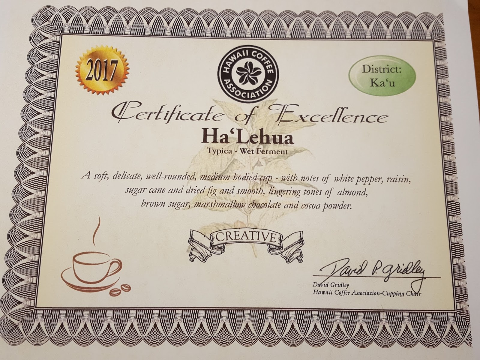 Hawaii Ka'u Specialty Coffee Ha'lehua Coffee Certificate of Excellence