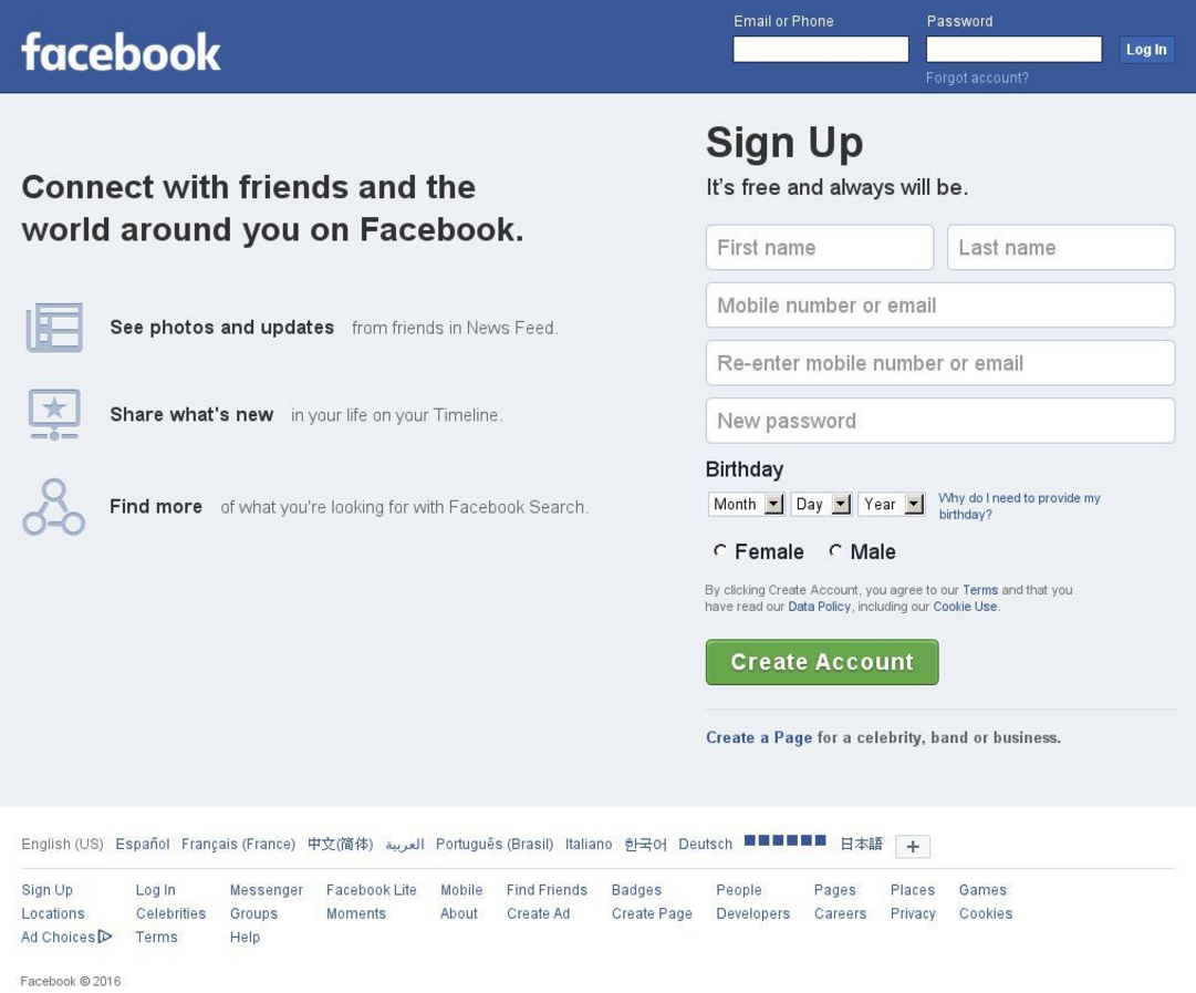 Facebook Log-in Page 2016