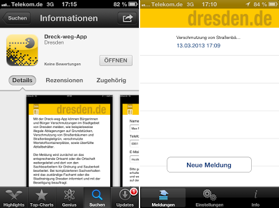 Dreck-Weg-App im Apple App-Store und Meldungsübersicht