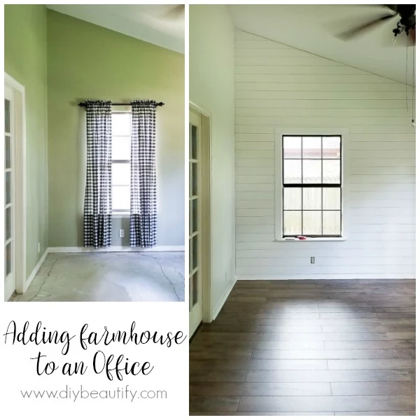 farmhouse floors and shiplap wall before and after