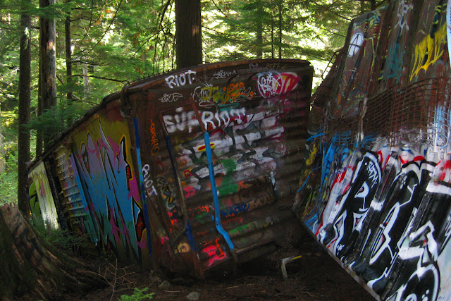 Wrecked PGE boxcars, Whistler train wreck, BC British Columbia