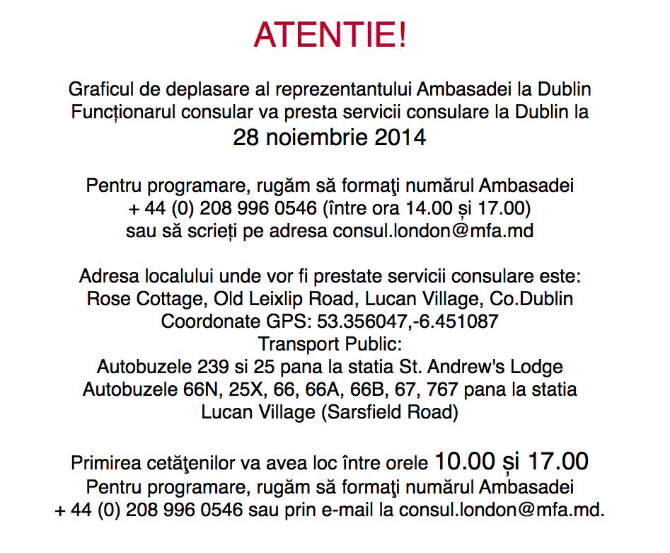 Servicii Consulare la Dublin 28 Noiembrie 2014