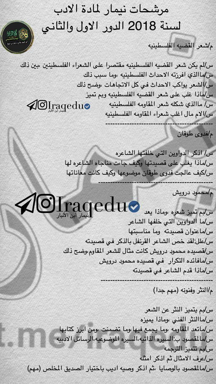 مرشحات الادب والنصوص السادس العلمي 2018 مرشحات الادب والنصوص السادس العلمي 2018