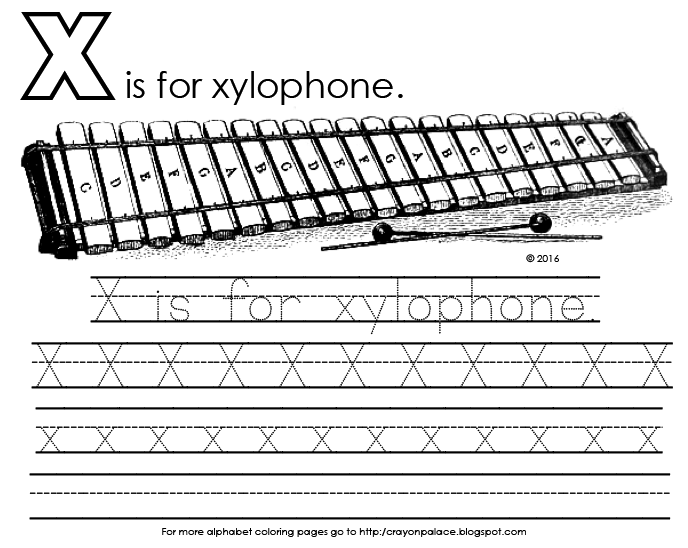 Crayon Palace "X is for xylophone" alphabet coloring page
