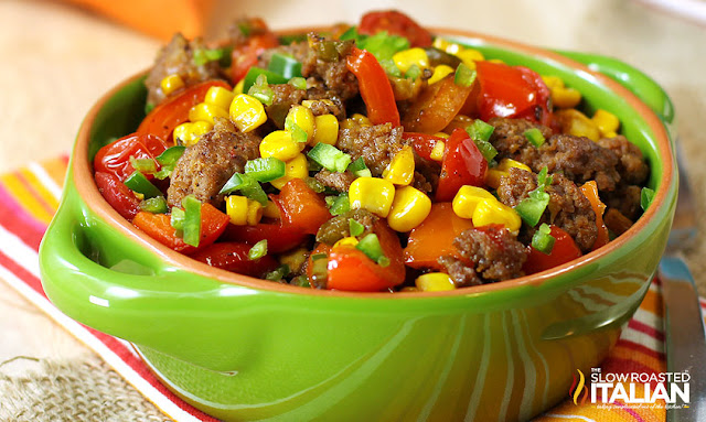 Spicy Mexican Corn Skillet with Sausage close up