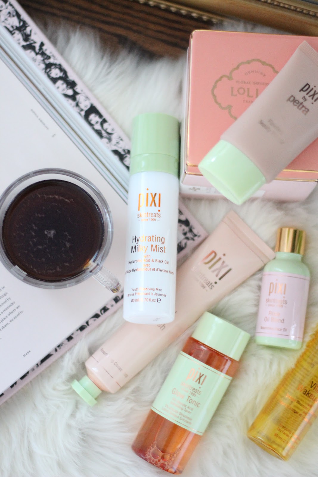 Pixi Beauty Review: Glow Tonic Hydrating Milky Mist Flawless Beauty Primer mixed with Rose Oil Blend Vitamin Wake Up Mist Endlessly Silky Eye Pen- Bronzebeam Beauty Bronzer- Summertime