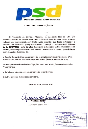 Diretório Municipal do PSD de Iretama publica edital de sua Convenção Municipal