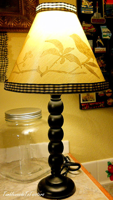peek-a-boo lampshade with tea stained checkered trim