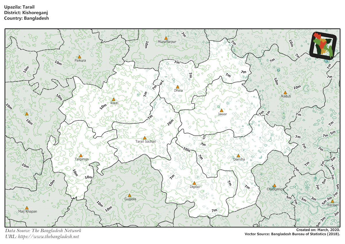 Tarail Upazila Elevation Map Kishoreganj District Bangladesh