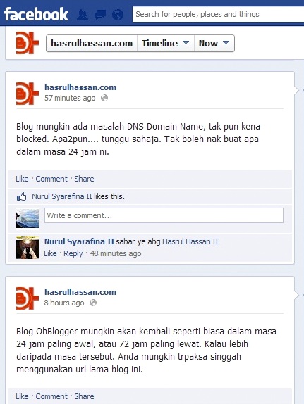 Kecewa nak access ke Blog OhBlogger pagi ni. Sabar lah Bro Hasrul ...