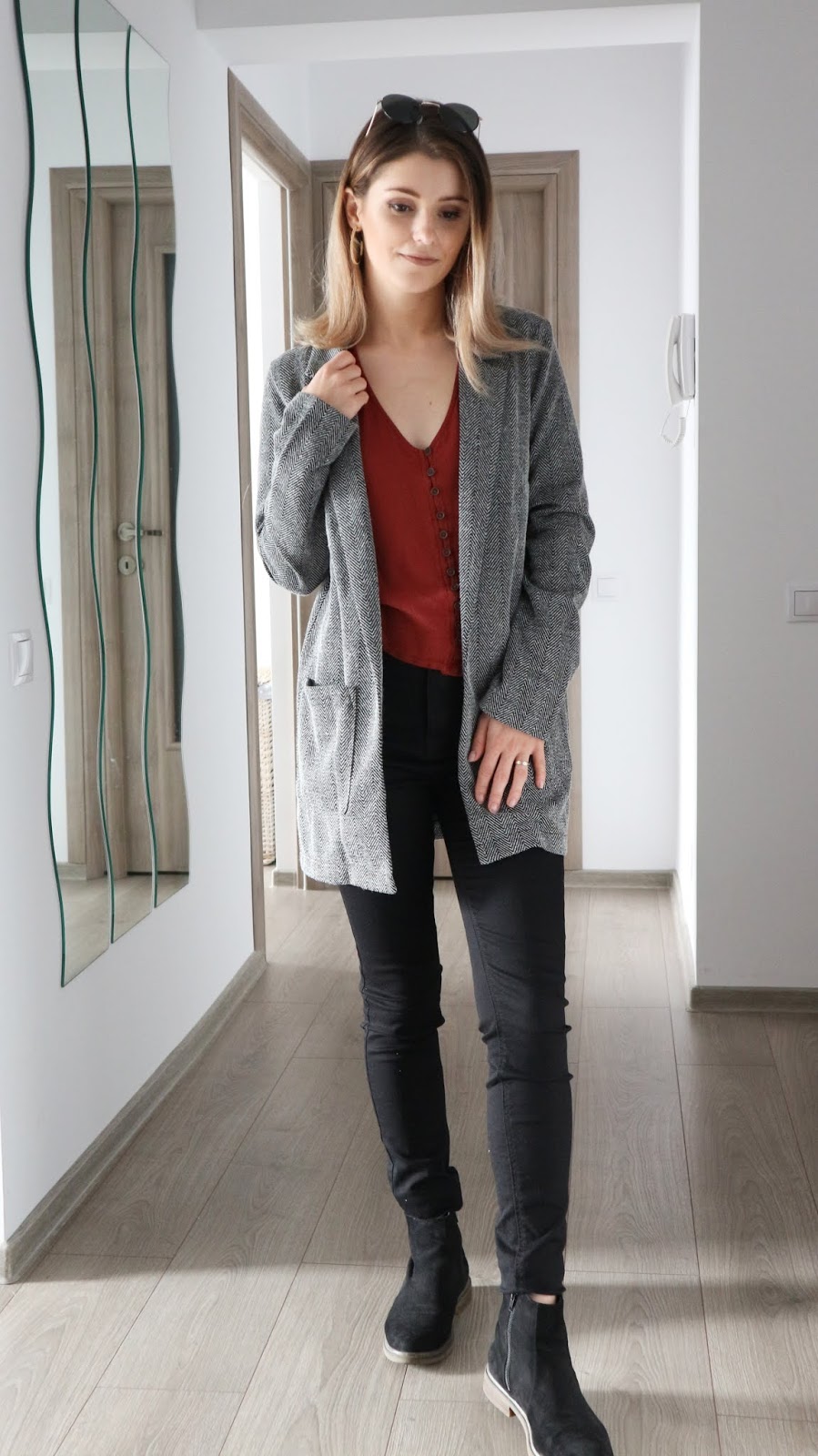 textured H&M blazer with black boots outfit