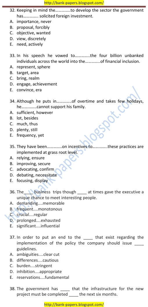 sample test papers for bank exam