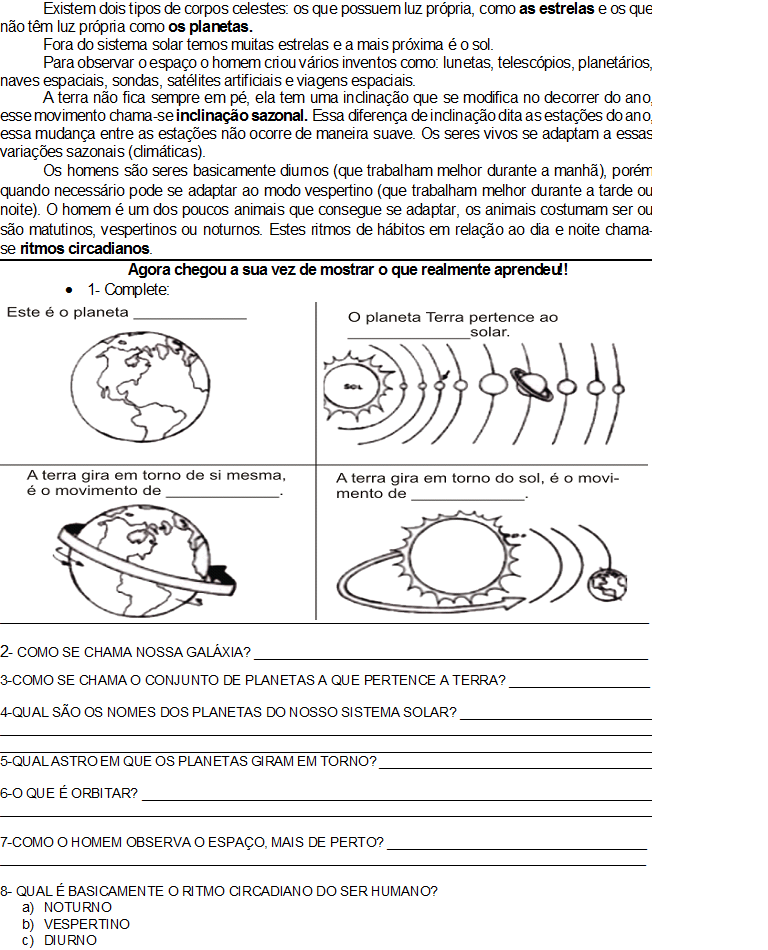 MUNDO ENCANTADO SISTEMA SOLAR TEXTO INFORMATIVO E INTERPRETAÇÃO 4º ANO
