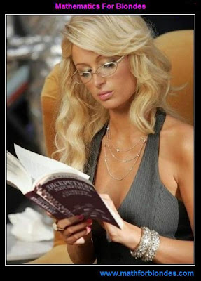 Math blonde. A Paris Hilton on a picture reads a book Discrete Mathematics. Mathematics For Blondes.