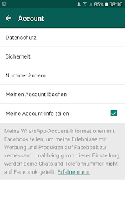 Screenshot WhatsApp-Nutzer-Account nach Zustimmung der Daten-Weitergabe an Facebook