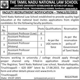 Tamil Nadu National Law School Trichy Assistant Professor Recruitments July 2015