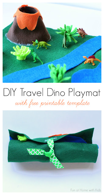 Make a DIY Travel Dino Playmat in about 15 minutes using this FREE printable template. Great for entertaining kids on the go, especially in places where they need to wait, like for an appointment! 