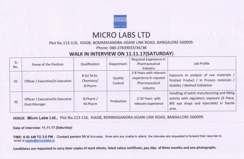 Micro lab walkin 11 November for Quality control & Production for 210 years at Bangalore My