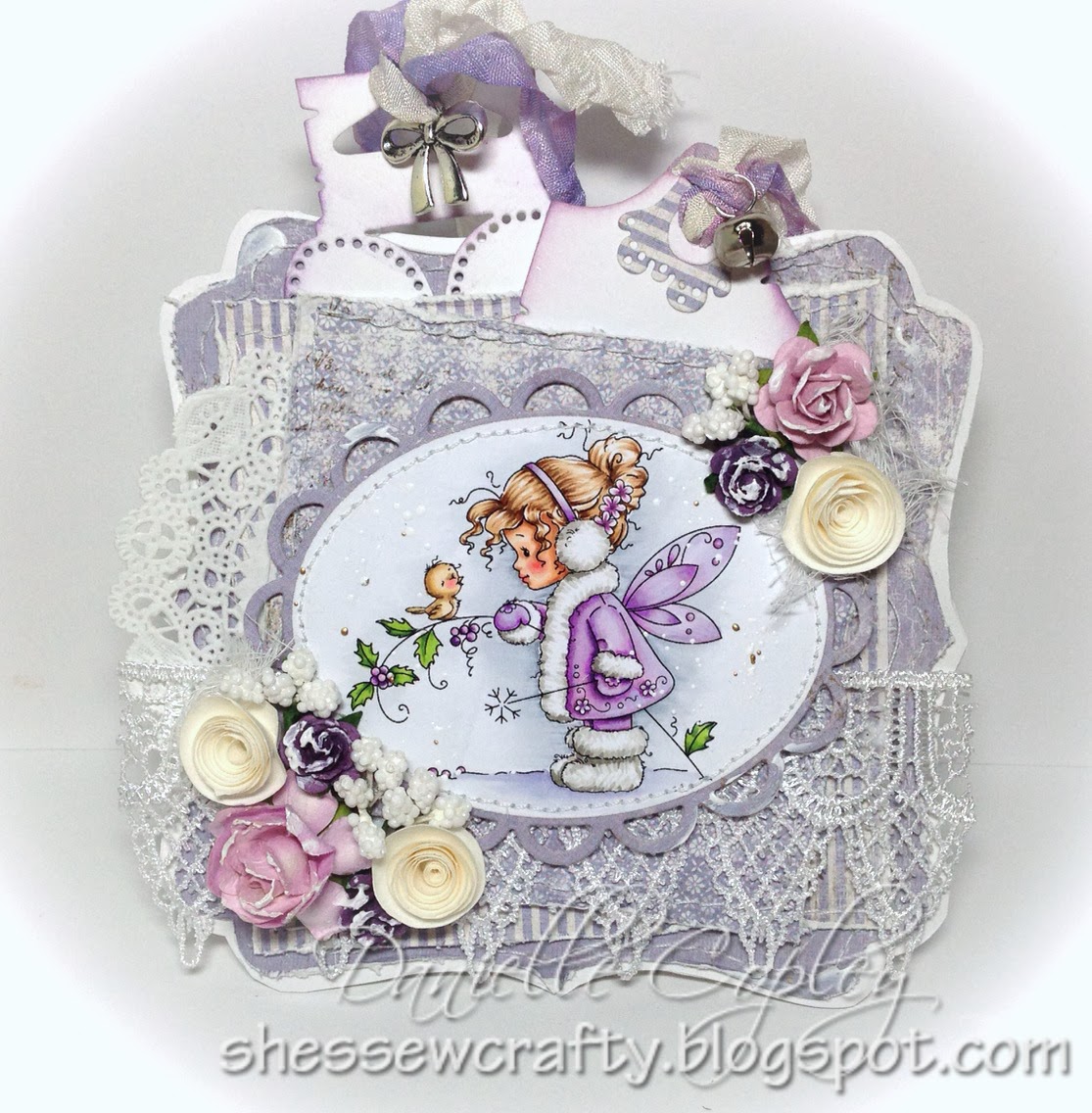 Scrapbook Maven inspiration card using purple Maja Design papers, Wee Stamps Winter Fairy and Magnolia Doohickey tag dies