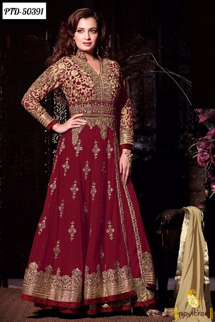 Bollywood actress Dia Mirza style maroon santoon anarkali salwar suit online at low cost with discount sale
