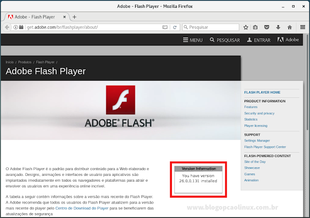 Adobe Flash Player em execução no Mozilla Firefox (Debian 9 "Stretch")