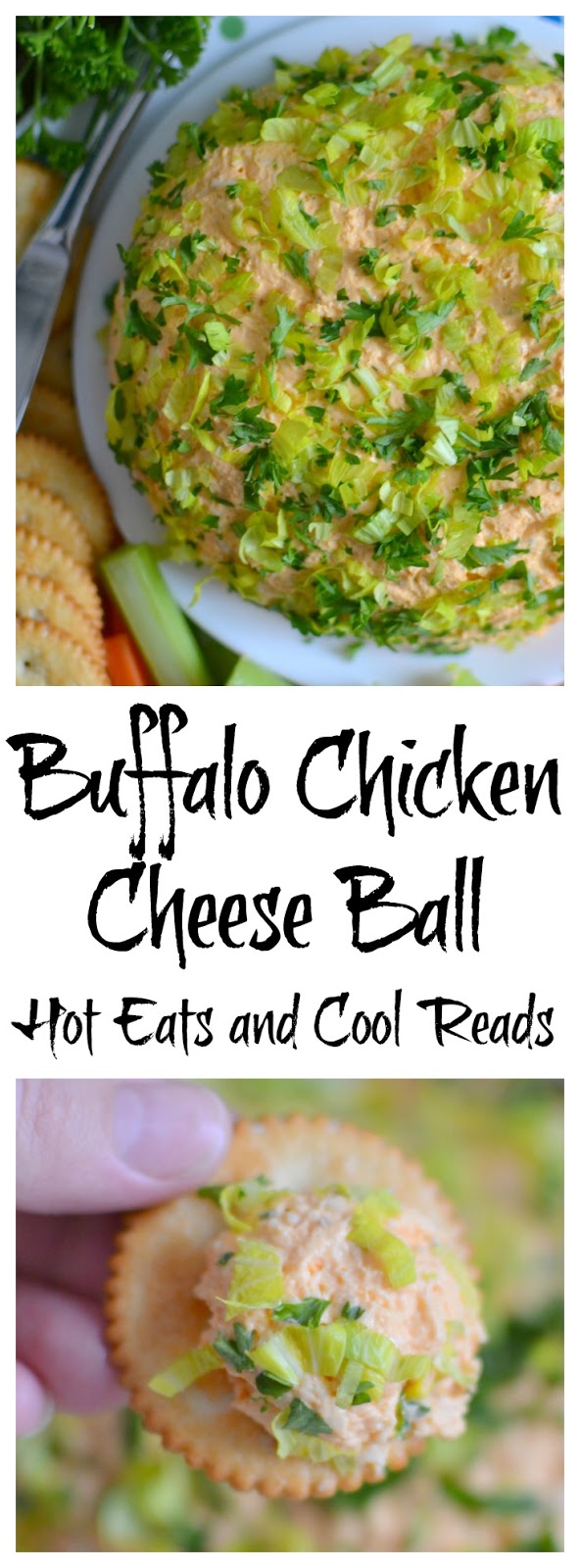 A tasty appetizer for New Year's or game day that's full of cheesy, garlic goodness! Turn the leftovers into a hot dip for an at home movie or date night! Buffalo Chicken Cheese Ball Recipe from Hot Eats and Cool Reads