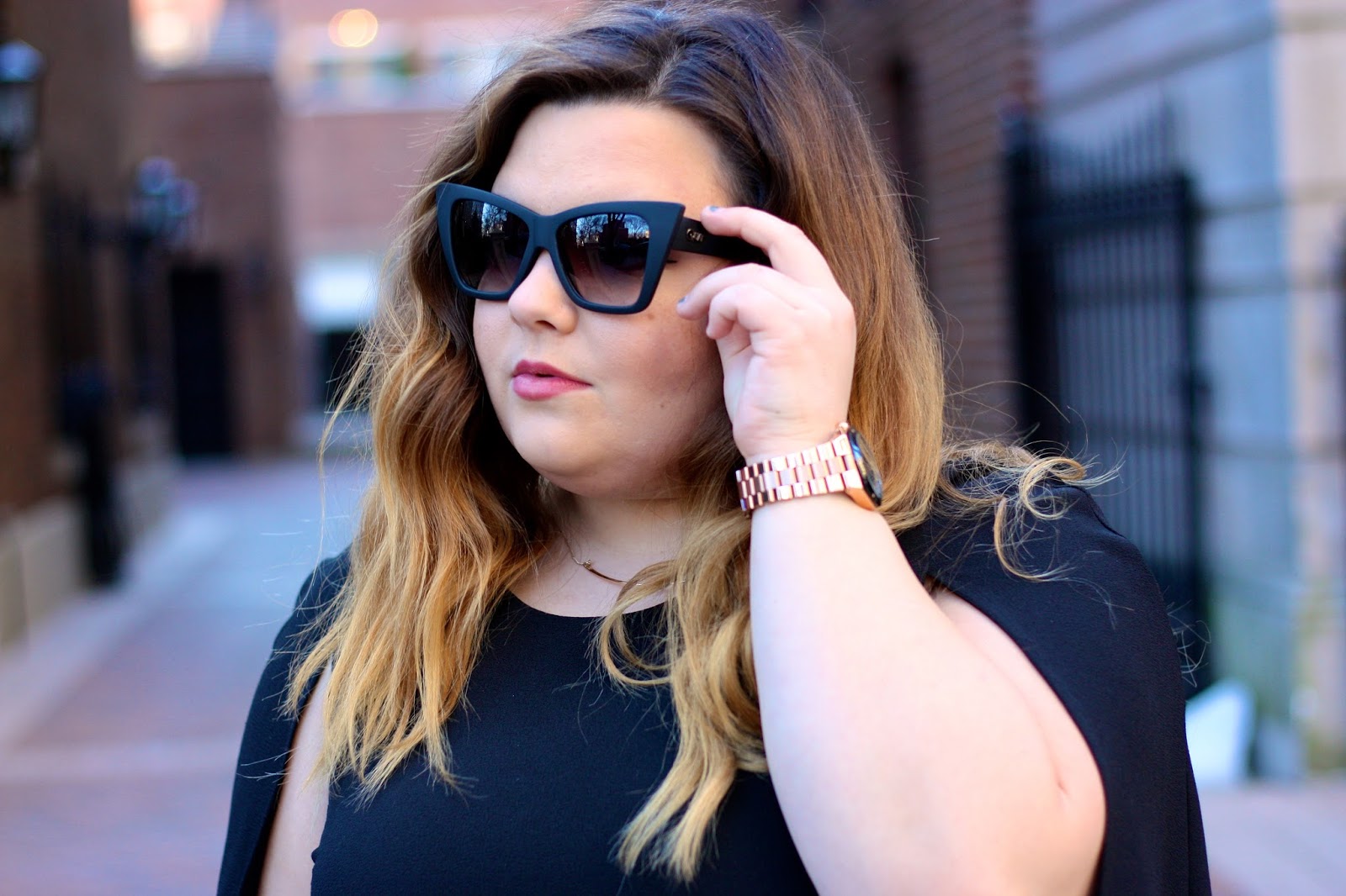 little black dress plus size, LBD, OOTD, natalie craig, cape dress, chicago, natalie in the city, plus size fashion, fashion blogger, forever 21 plus, capes, 2016 fashion trends, why men dont like certain trends, curves and confidence, quay sunglasses blogger, bold sunglasses for my face shape